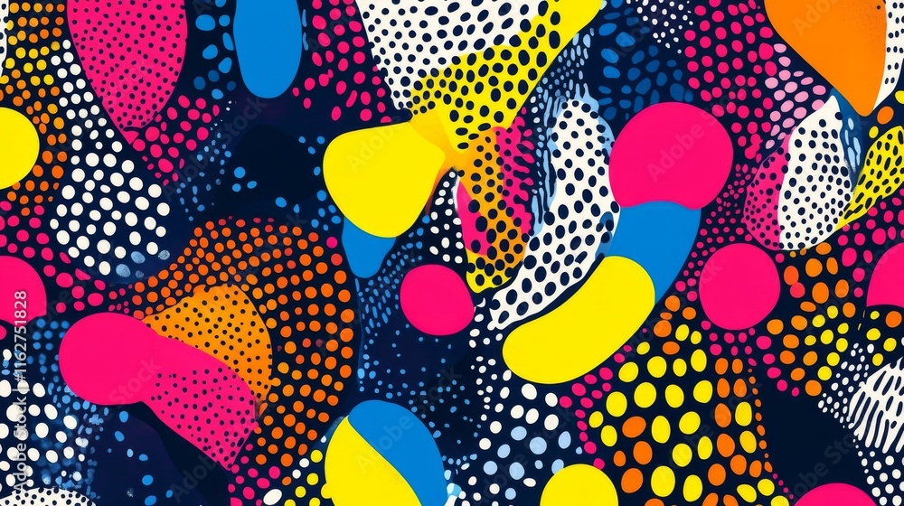 Poster vibrant pop art style abstract background featuring colorful spotty patterns with dynamic memphis te