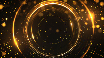 Obraz premium Glowing golden circular design with dynamic light particles and futuristic radial energy lines on a dark background 