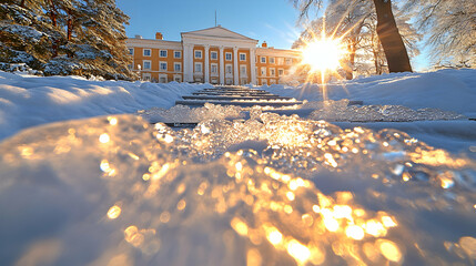 Icy steps leading to a grand building on a sunny winter day.
