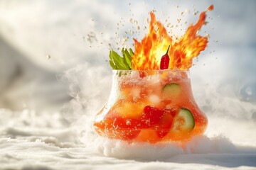 A volcano-shaped glass erupting with a fiery tomato and pepper drink, explosive on a white landscape.