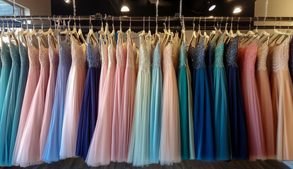 A collection of prom dresses in various colors and styles displayed on hangers at the bottom against a bare wall with a light gray background.