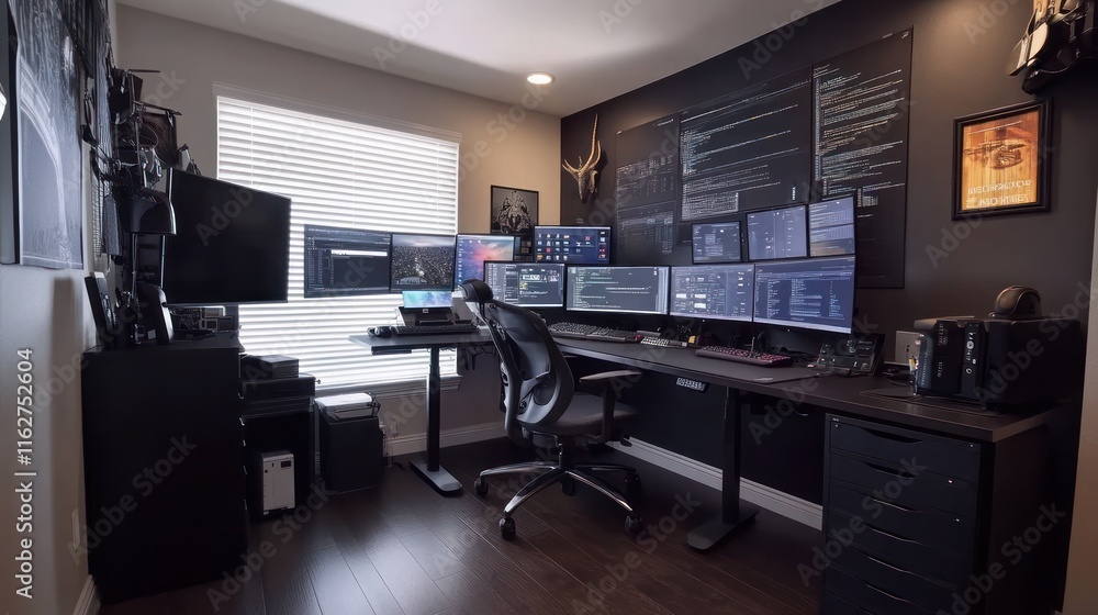 Poster a modern workspace featuring multiple monitors and a sleek desk setup for productivity.
