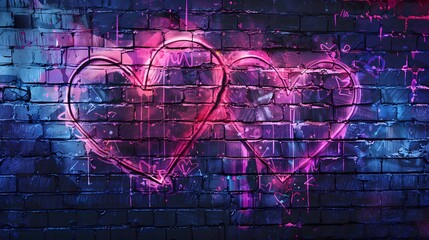 A digital graffiti spray-painted heart motifs in neon pink and purple against a dark brick wall