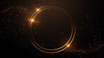 Obraz premium Glowing golden circular design with dynamic light particles and futuristic radial energy lines on a dark background 