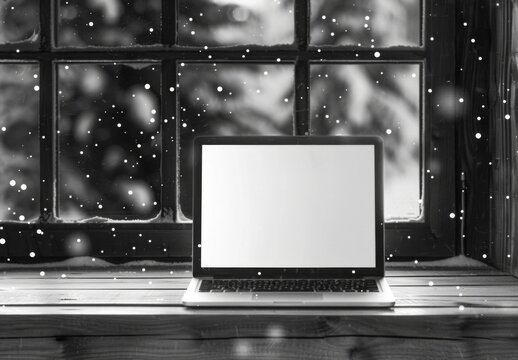Computer,laptop with blank screen on snowfall in white.christmas winter backgrounds - Powered by Adobe