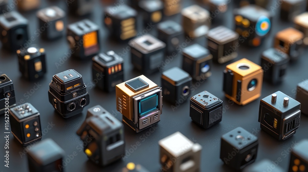 Poster an array of micro-sized sensors used in robotics and automation, arranged neatly on a plain backgrou