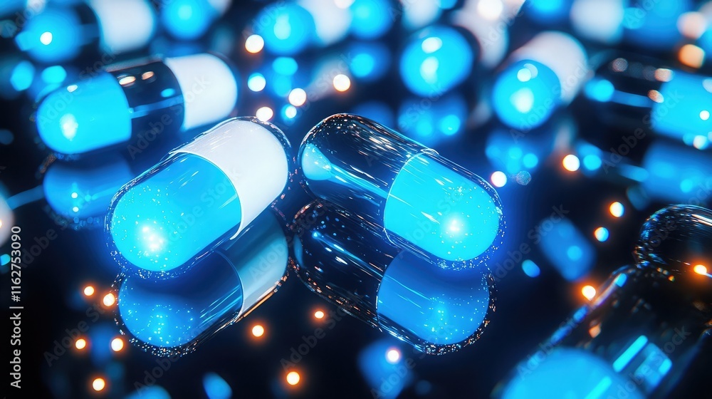 Poster an array of shiny white and blue capsules arranged in a pattern on a reflective black surface, glowi