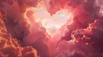 A dreamy cloudscape in shades of pink and peach, with heart-shaped clouds