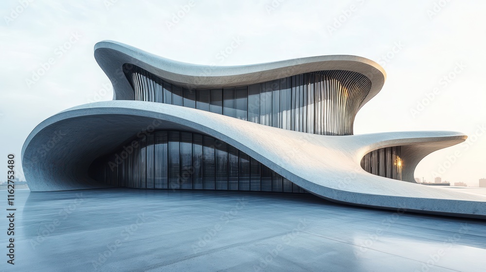 Poster a modern, fluid architectural structure with sweeping curves and large glass windows.