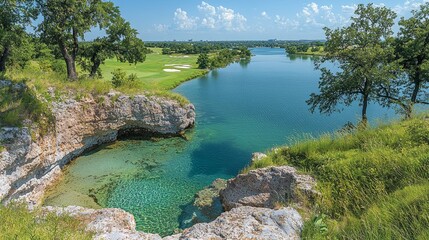 Scenic view of a crystal-clear lake nestled in rocky terrain, adjacent to a lush green golf course under a bright summer sky.