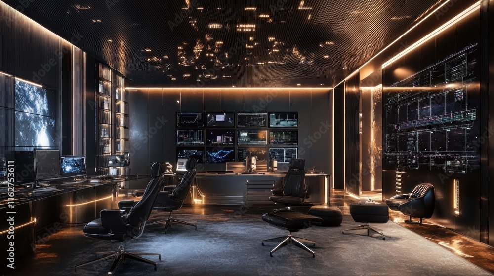 Poster a modern, high-tech office space with multiple screens and sleek furniture for productivity.