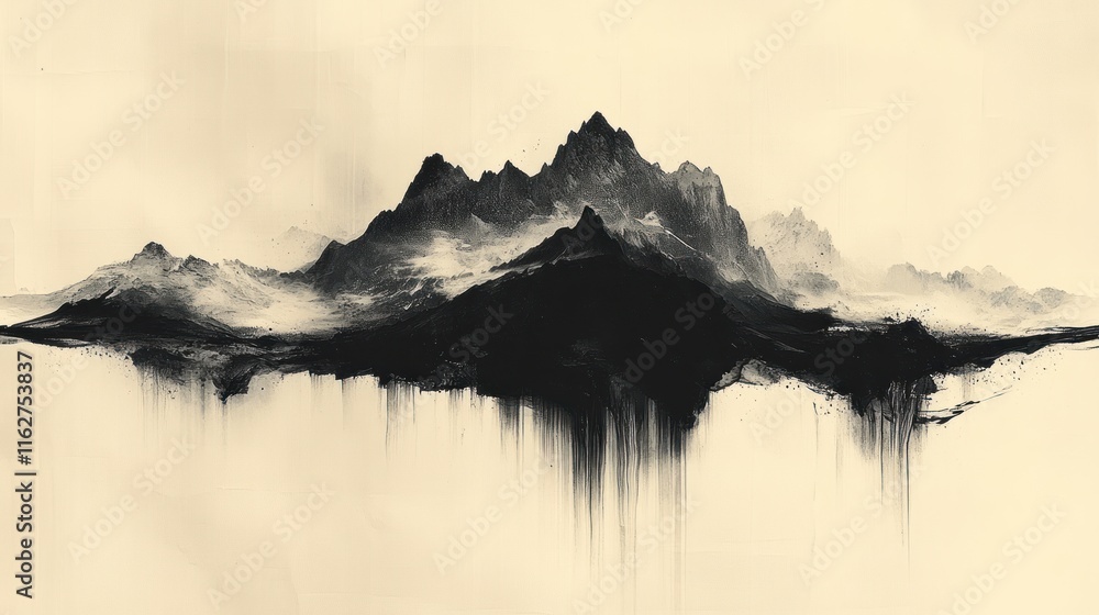 Poster a monochromatic mountain landscape with abstract elements and reflections.