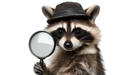 Curious raccoon in a detective hat holding a magnifying glass against a white background