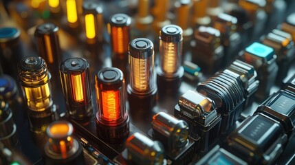 A variety of electrical fuses placed on a metallic surface with soft reflections and clear detailing, 8k, realistic, full ultra HD, high resolution, cinematic photography