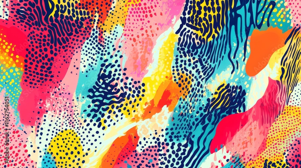 Poster vibrant pop art style abstract background featuring colorful spotty patterns with dynamic memphis te