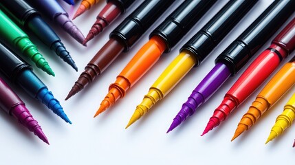 A vibrant display of liquid eyeliners in bold colors, arranged on a textured white surface, 8k, realistic, full ultra HD, high resolution, cinematic photography