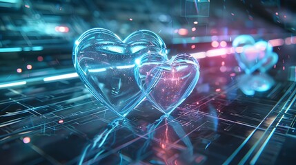 A futuristic holographic effect with shimmering, translucent heart overlays