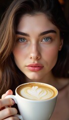 A Serene Young Woman with a cup of vanilla Latte On A Warm Background