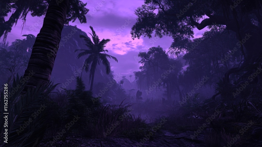 Poster A mystical twilight scene in a dense forest with palm trees and a purple sky.