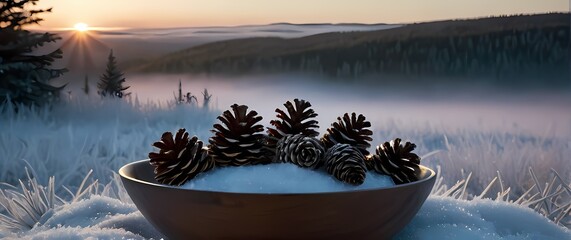 Frosted pinecones arranged in a bowl in a frosty meadow at sunrise accented by softly falling snow outside
