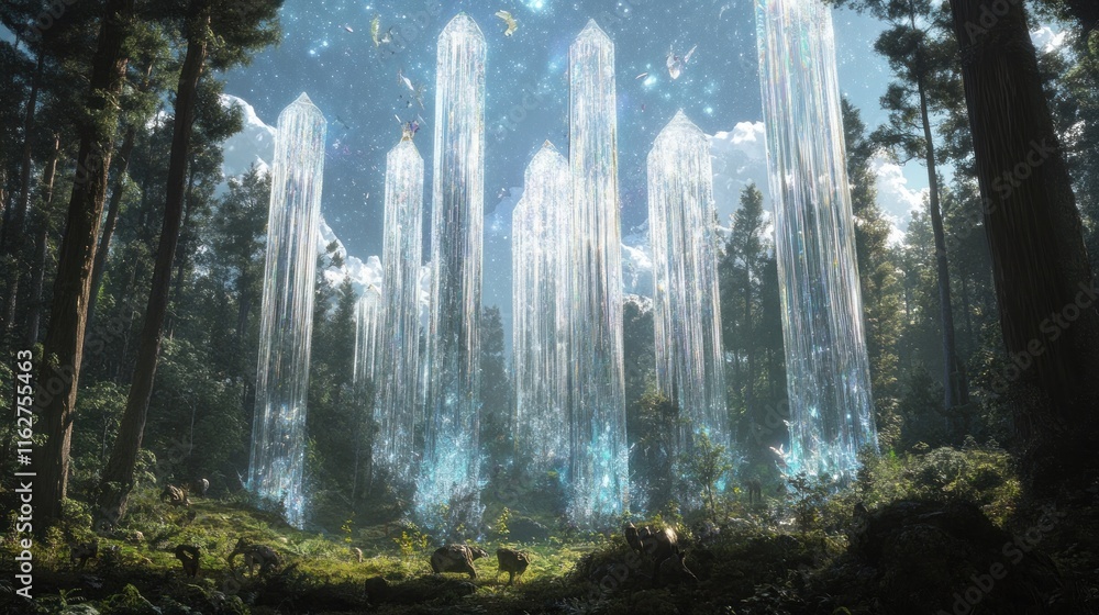 Poster a mystical forest with towering crystal formations under a starry sky.