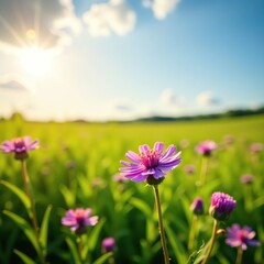 Fototapeta premium Field scabious in a sunny meadow with a few clouds, sunlight, weather, arvensis