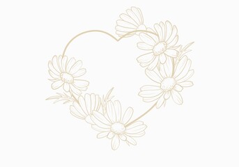 Sketch illustration of a golden heart with daisies flowers  a white background in line art style. Minimalistic style . ideal for cards, invitations, design projects.