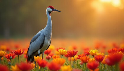 Fototapeta premium Majestic crane standing gracefully amidst vibrant blossoms during a tranquil sunset in a blossoming meadow