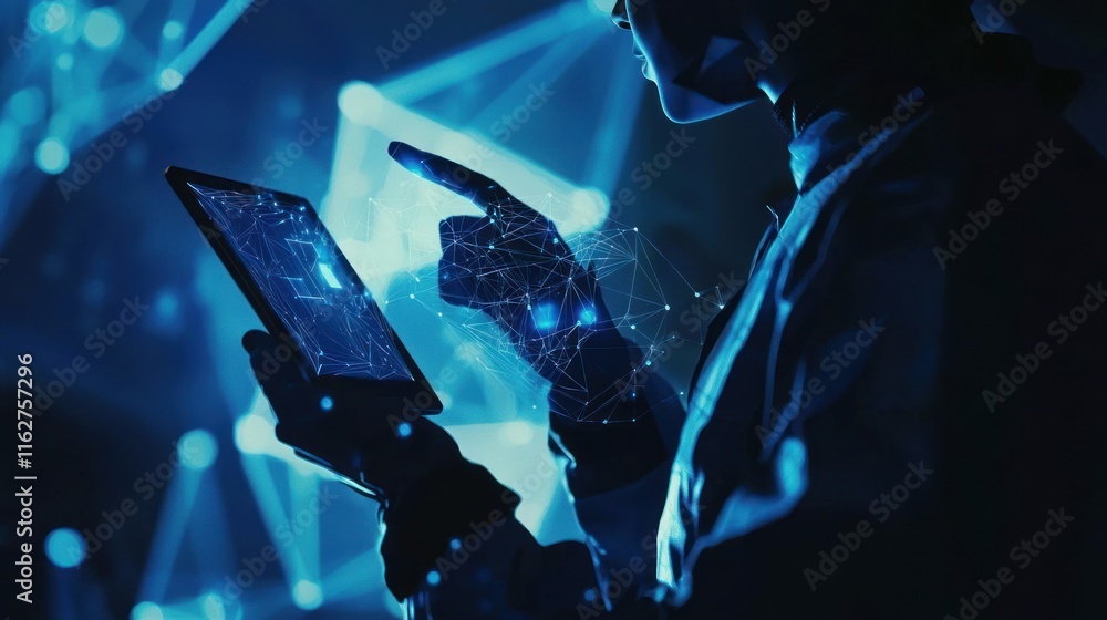 Poster futuristic digital interface: person interacting with holographic network data on tablet