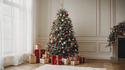 Christmas tree decorated with festive ornaments and presents. --