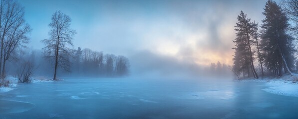 Fototapeta premium Misty Winter Sunrise over Frozen Lake, Trees and Fog