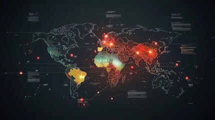 A detailed map highlights countries with glowing indicators representing data flow and connectivity, showcasing technological advancements and global interaction