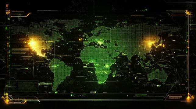 A vibrant digital map displaying the continents in green tones, highlighted by glowing points indicating connectivity. Data overlay illustrates a technological network across the globe