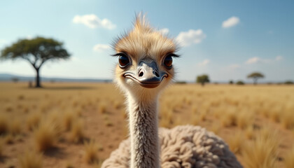 Unforgettable encounter with a curious ostrich in the golden savanna under a bright blue sky