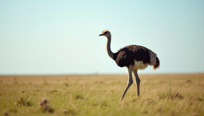 Majestic ostrich walks gracefully across the golden savanna during a serene midday in Africa