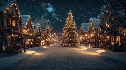 Christmas Tree on Snowy Street &acirc;&euro;&ldquo; A beautifully lit Christmas tree standing in a snowy street under a starry night sky. -- 