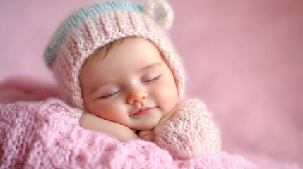 A peaceful sleeping baby in a cozy knitted hat on a soft blanket.