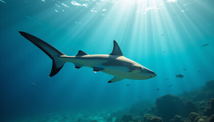 Fototapeta premium Majestic shark gliding through crystal-clear ocean depths under sunlit waves