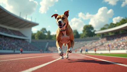 Excitement fills the air as a joyful dog sprints down the track in a vibrant athletic stadium during a sunny afternoon event