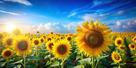 Fototapeta premium Tilt-Shift Photography of a Vibrant Field of Blooming Sunflowers on a Sunny Summer Day, Capturing Nature's Beauty in Miniature, Perfect for Stock Photography and Nature Lovers