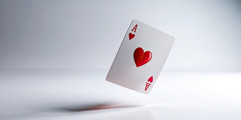 Obraz premium Tilt-Shift Photography of Flying Playing Card, Isolated Ace of Hearts for Poker and Gambling, Ideal for Casino Themes and Game Promotions, Vibrant Colors on White Background