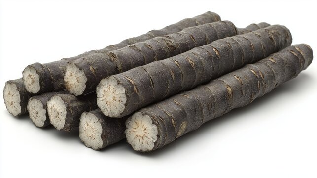 Stack of fresh black salsify roots, cut ends visible, isolated on white.