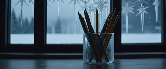 Freshly sharpened pencils in a minimalist holder near a frosted window with icicles hanging outside with delicate snowflakes drifting in the background