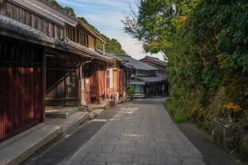 Saga Toriimoto Preserved Street, built up with the traditional machi-ya of the Meiji period on a sunny autumn day, Kyoto, Japan