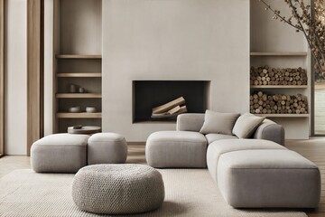Scandinavian Living Room with Sofa, Poufs, Fireplace, and Wooden Shelving Units for Modern Interior Design