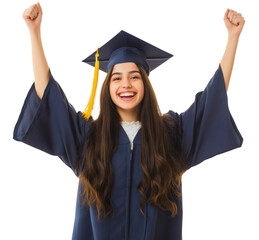 Graduate throwing hands in air isolated, happy female student celebration, university achievement ceremony moment, young woman or girl