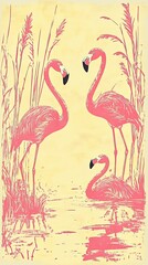 Pink Flamingos Resting Among Tall Reeds