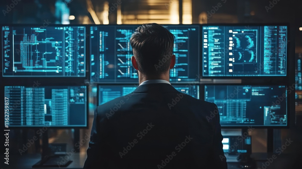 Aufkleber a person in a suit monitors multiple screens displaying data and graphs in a tech environment.