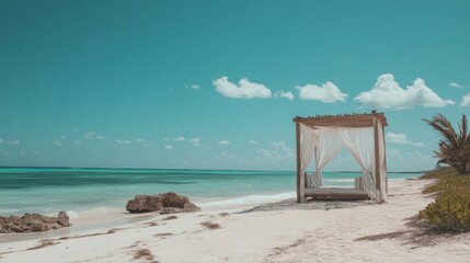 Tropical Beach Cabana with Blowing White Curtains