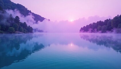 Purple mist rising from the surface of a tranquil teal lake, purple, lake, deep